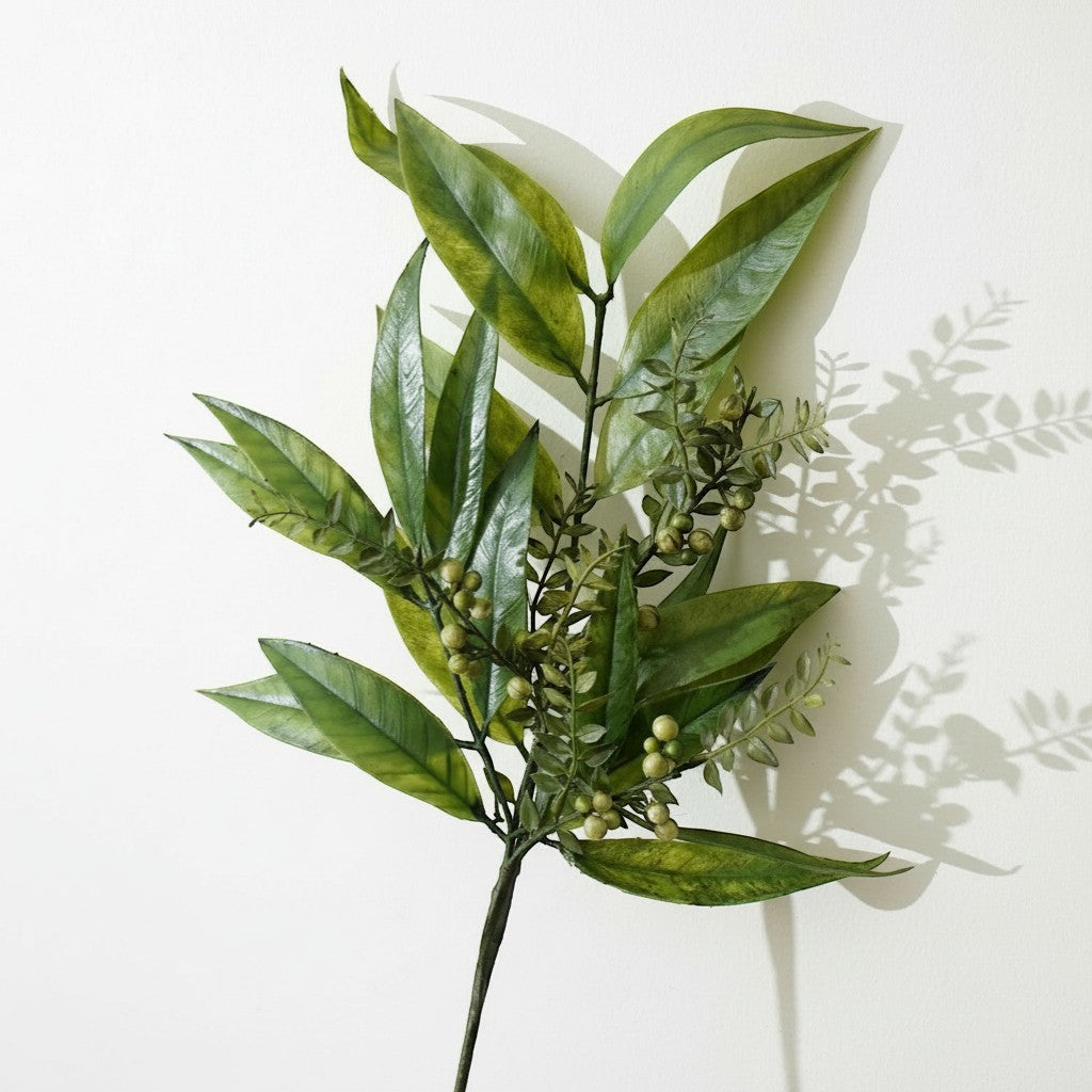 Simple Home Pennsylvania Willow Leaf Branch with green leaves and small seed pods, 23 inches long.