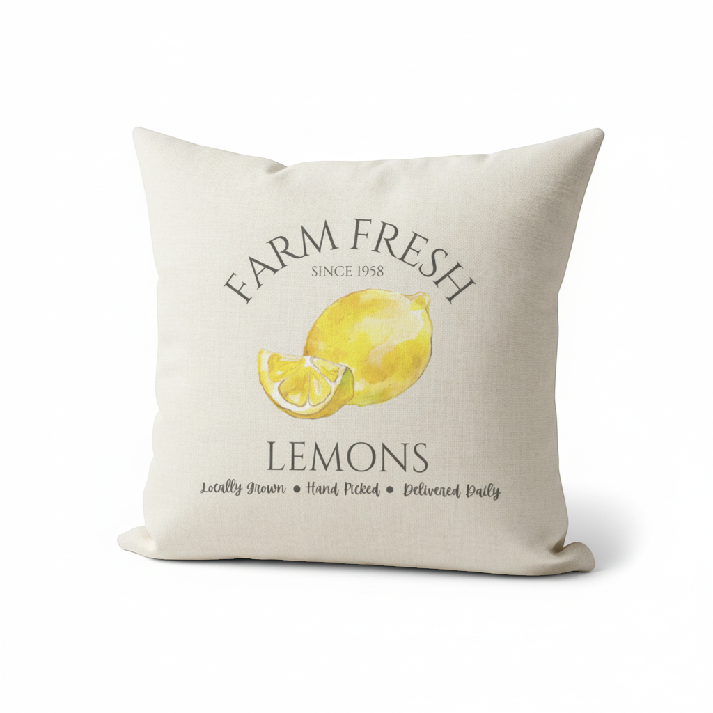 Simple Home Pennsylvania Farm Fresh Lemons throw pillow with watercolor lemons and text on a light beige linen cover.