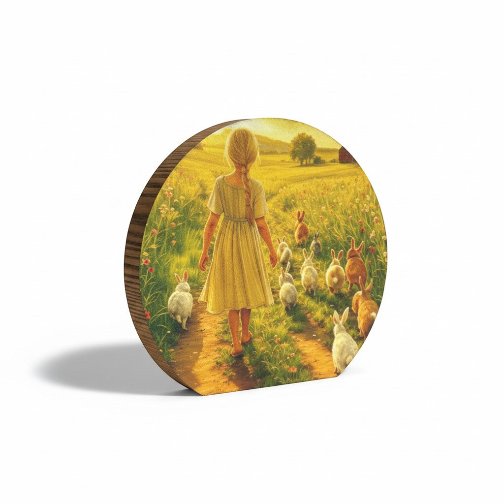 Simple Home Pennsylvania wooden sign with a girl walking with bunnies in a sunset field. 5.5" shelf sitter.