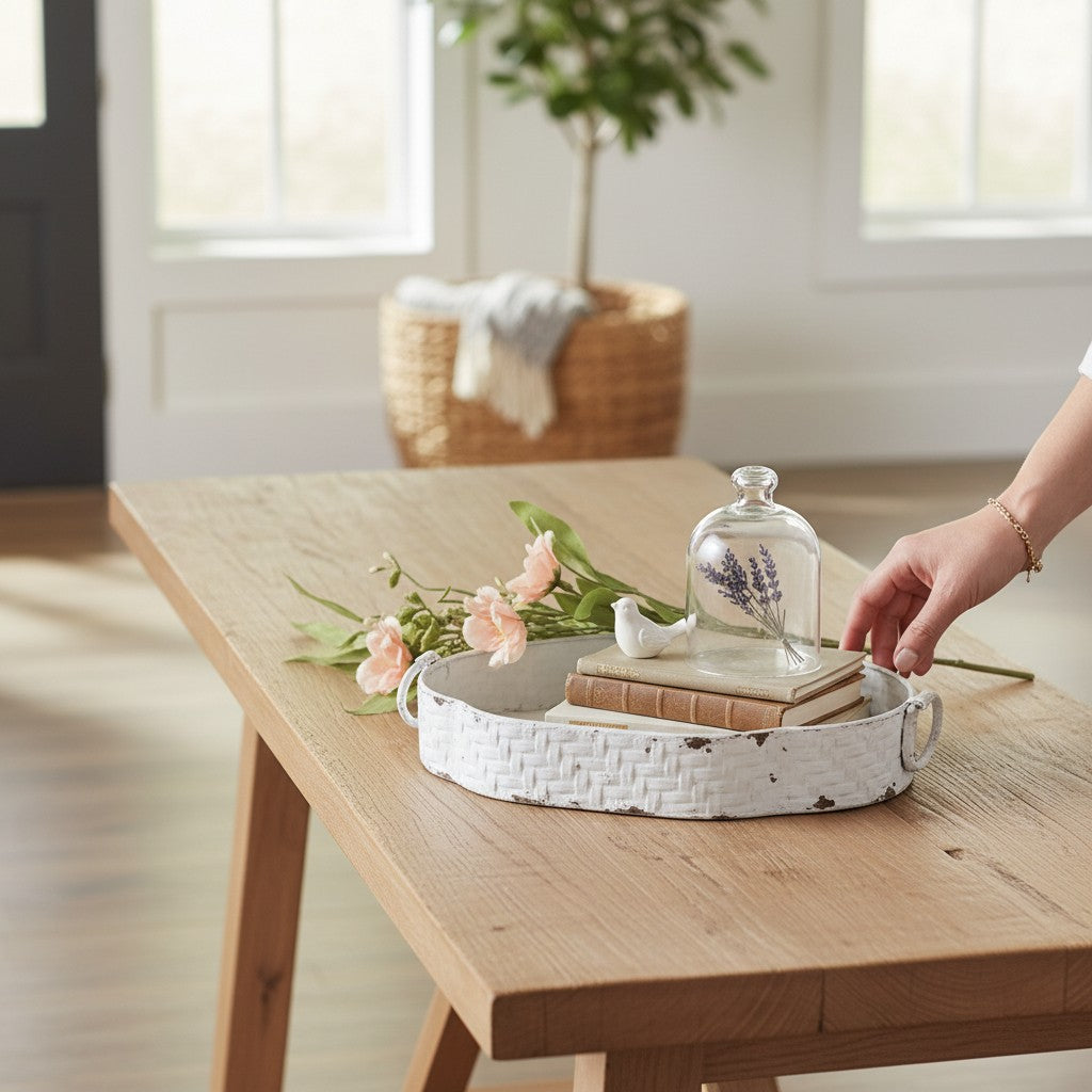 Metal White Wicker-Look Oval Trays w/Ring Handles