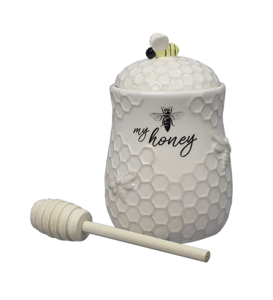 Ceramic Honey Jar with Wood Honey Dipper