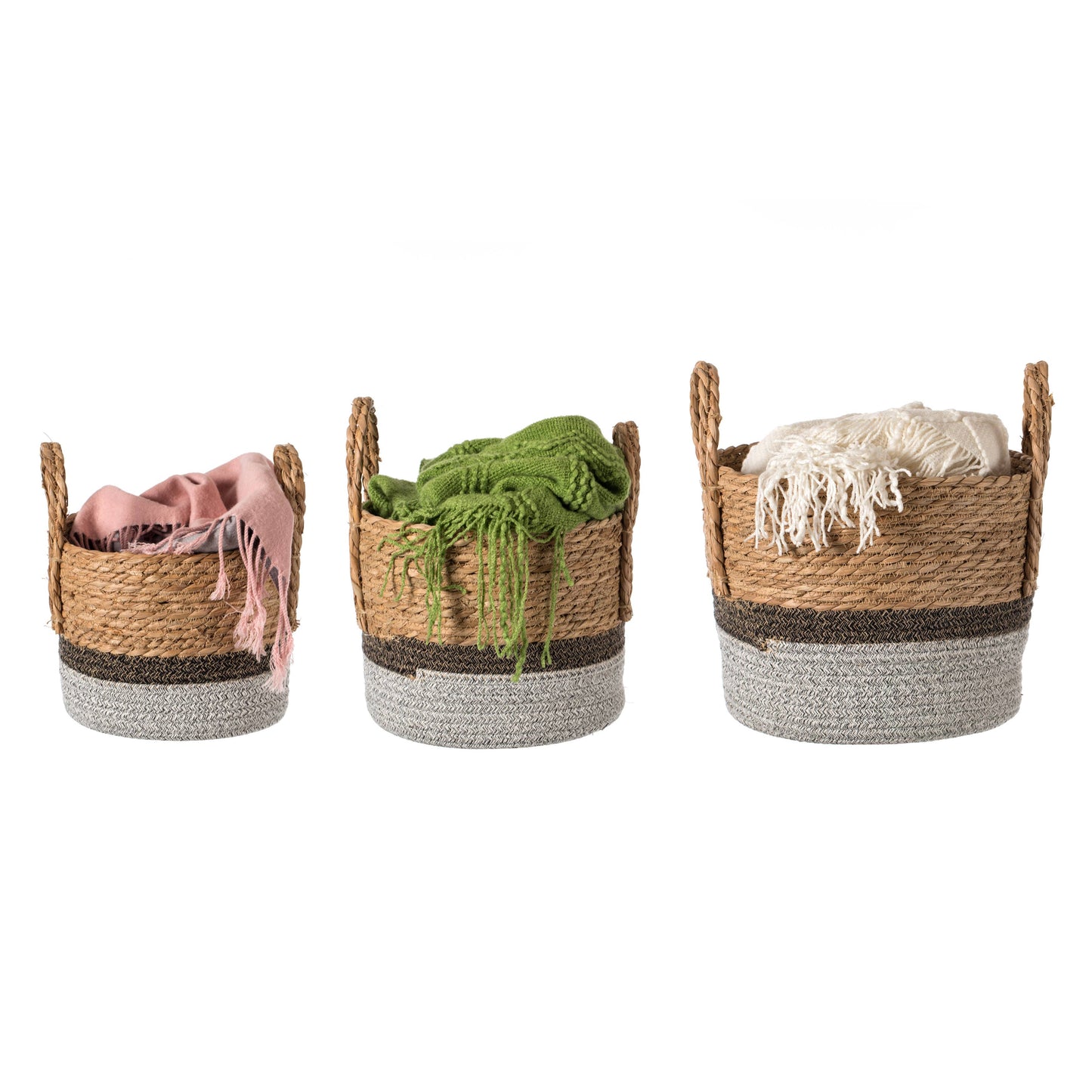 Decorative Round Storage Basket Set of 3 with Woven Handles