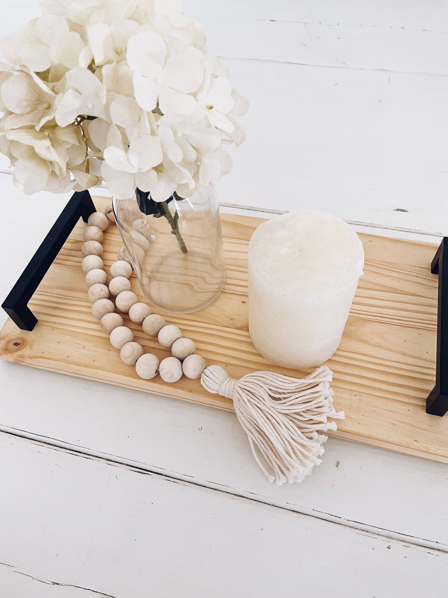 Wood tray with black metal handles